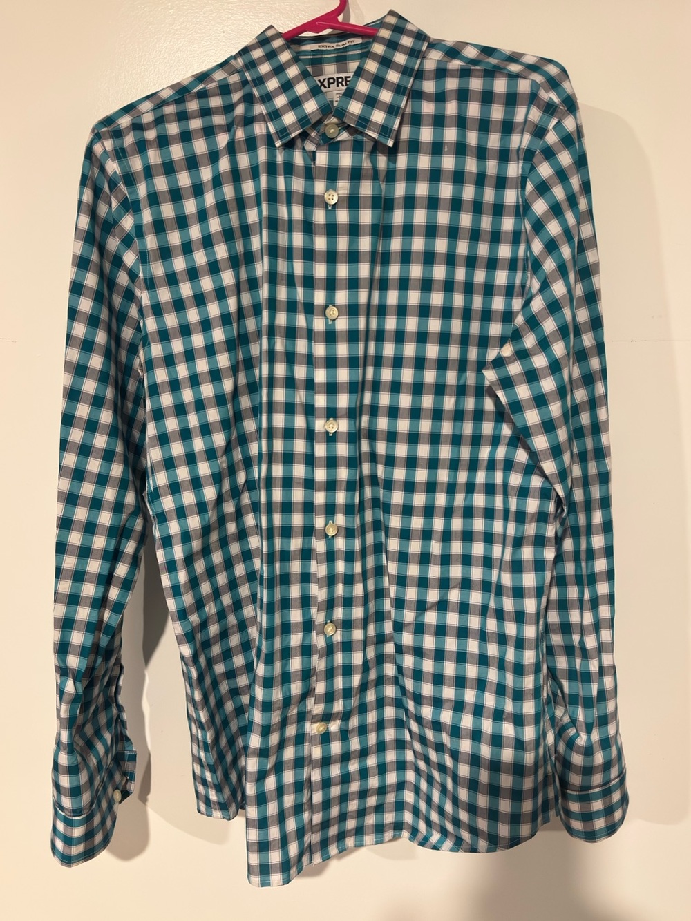 Express Men's Teal and White Gingham Button-Down Shirt